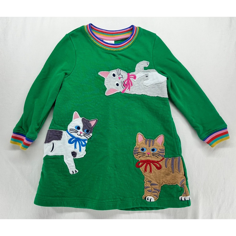 Mini Boden Girls Green Cat Applique Rainbow Trim Sweatshirt Dress 2-3Y